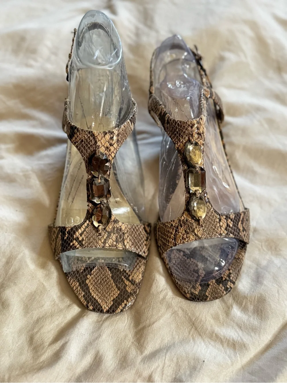 Anne Klein Snake-Print T-Strap Heels with Gem Accents - Brown